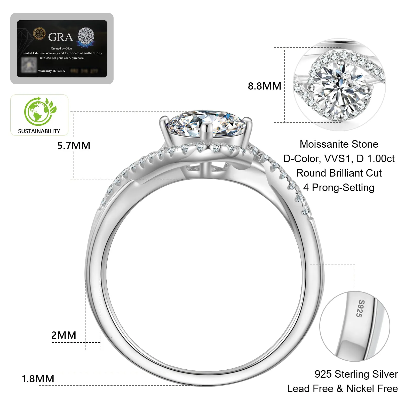 0.50/1.00/1.50/2.00ct Carats VVS1 Moissanite Rings for Women 0053