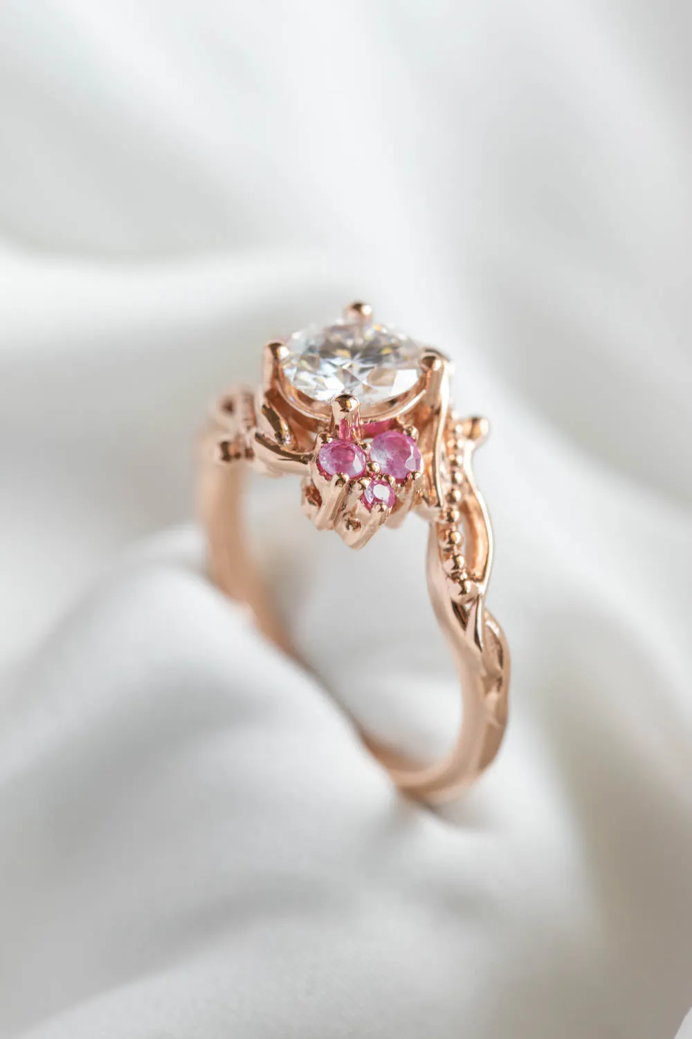 1 carat moissanite engagement ring with pink sapphires, nature themed gold proposal ring / Undina