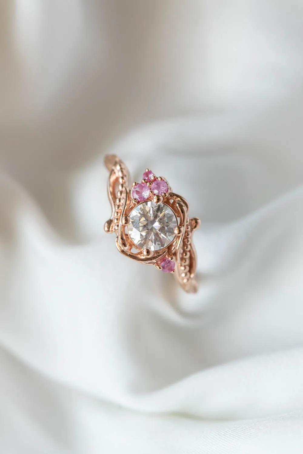 1 carat moissanite engagement ring with pink sapphires, nature themed gold proposal ring / Undina