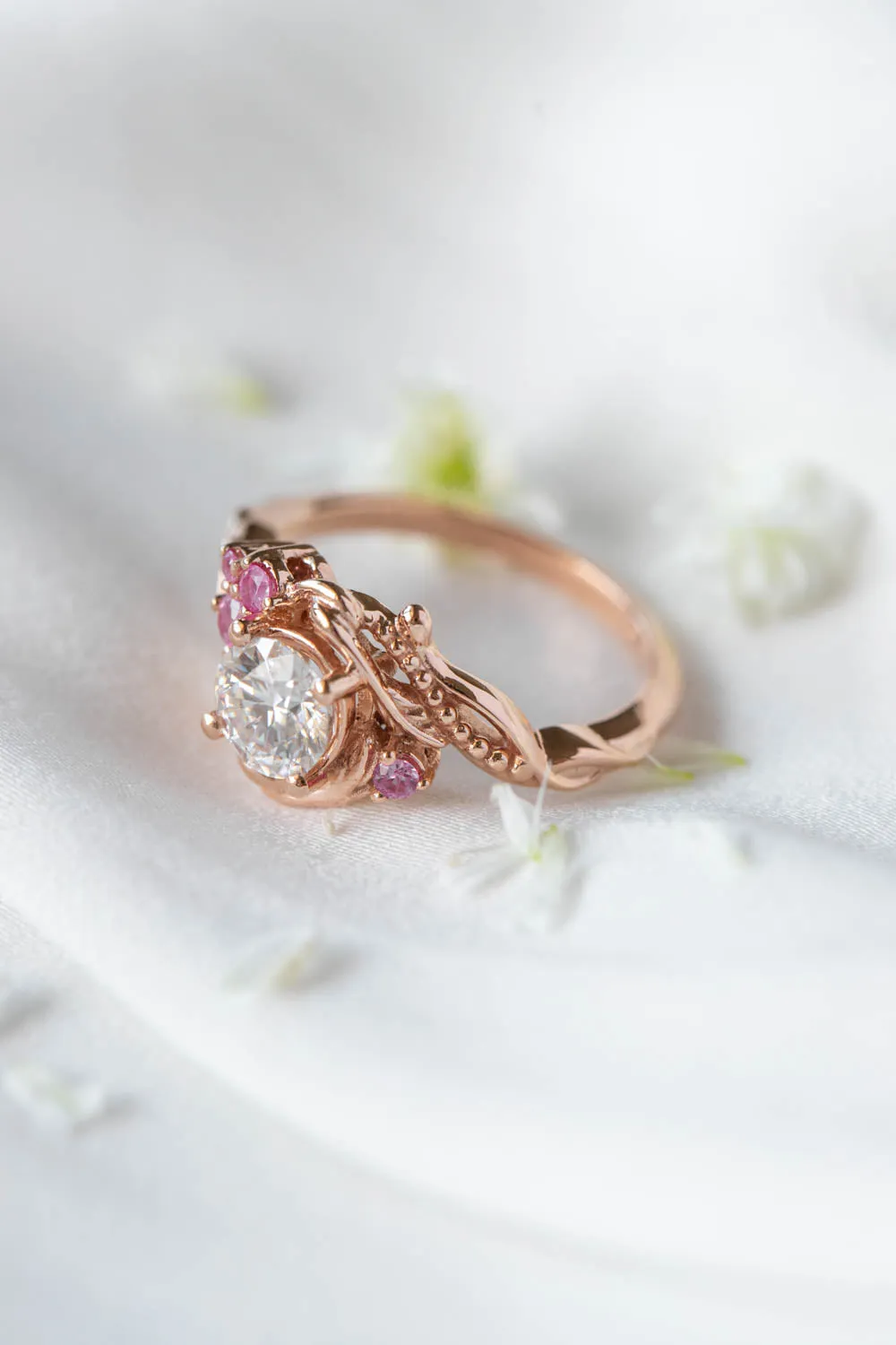 1 carat moissanite engagement ring with pink sapphires, nature themed gold proposal ring / Undina