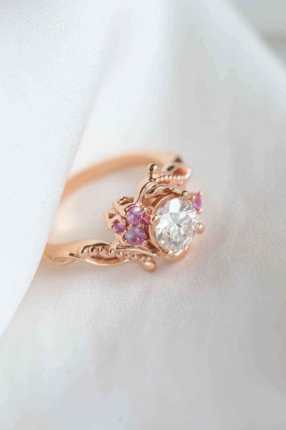 1 carat moissanite engagement ring with pink sapphires, nature themed gold proposal ring / Undina