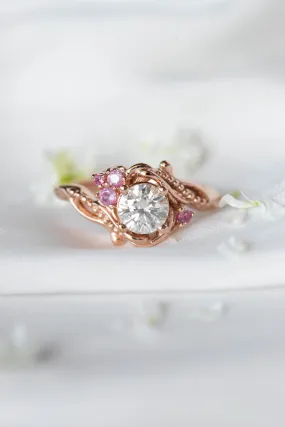 1 carat moissanite engagement ring with pink sapphires, nature themed gold proposal ring / Undina