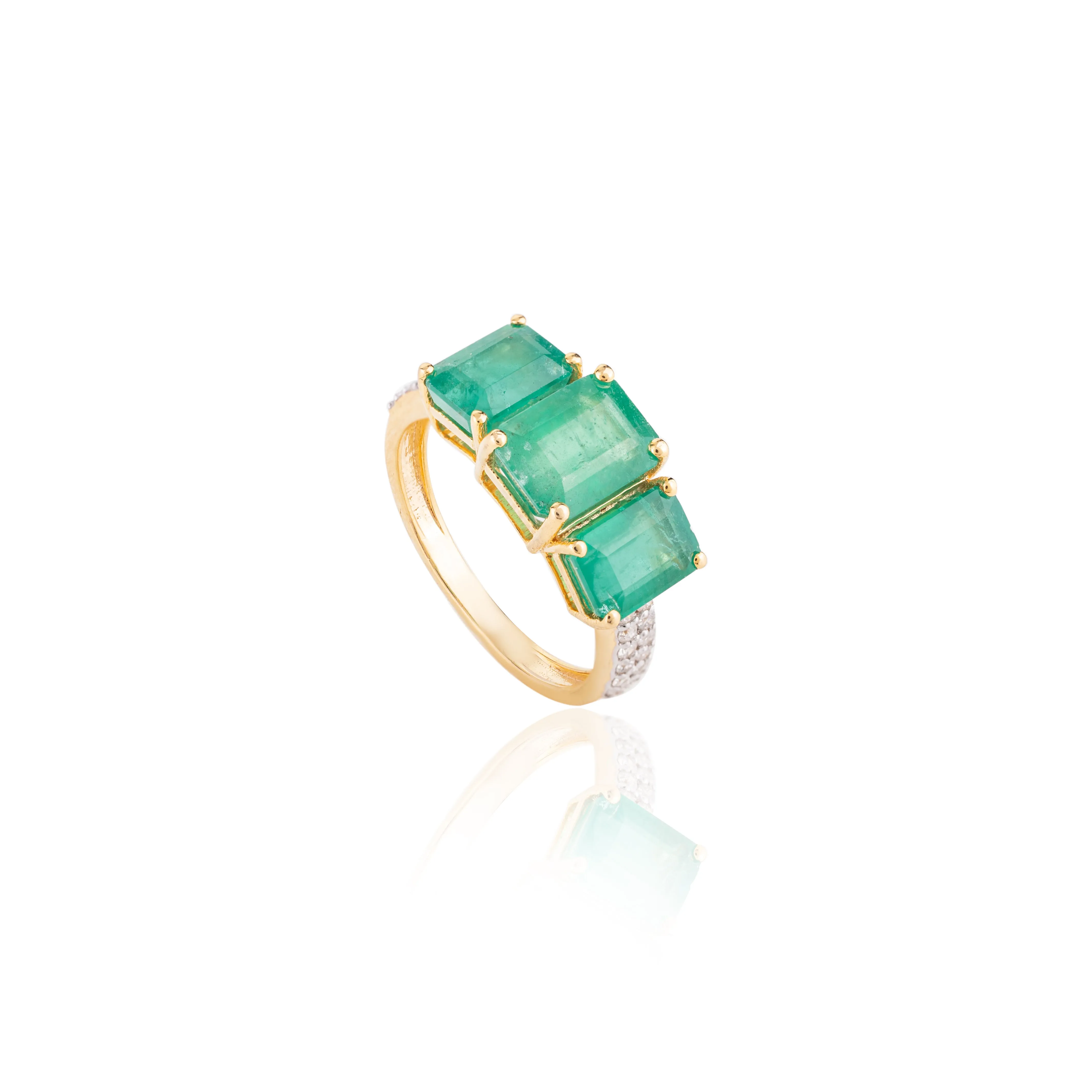 18K Gold Trillion Emerald Diamond Wedding Ring