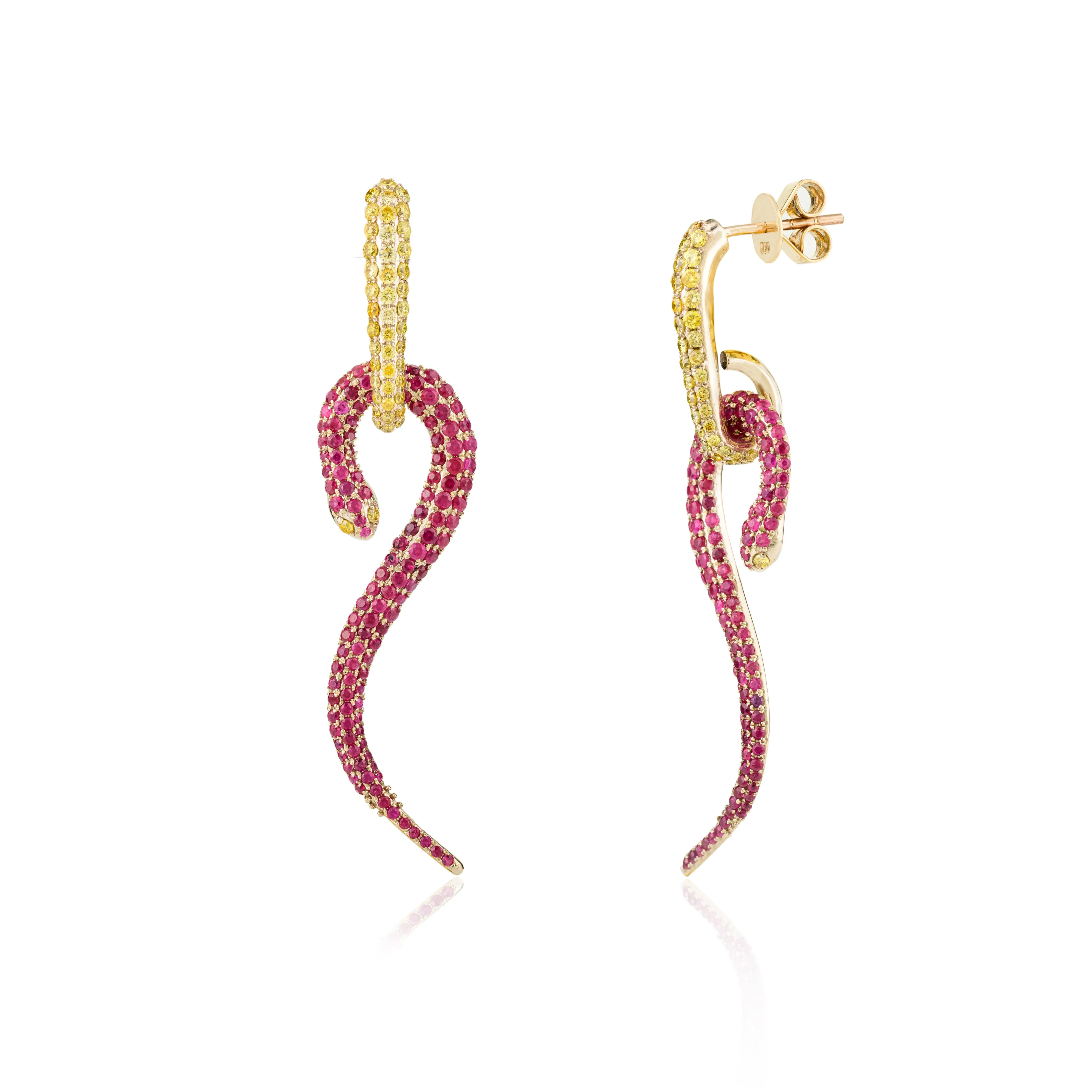 18K Solid Yellow Gold Ruby Diamond Serpentine Earrings