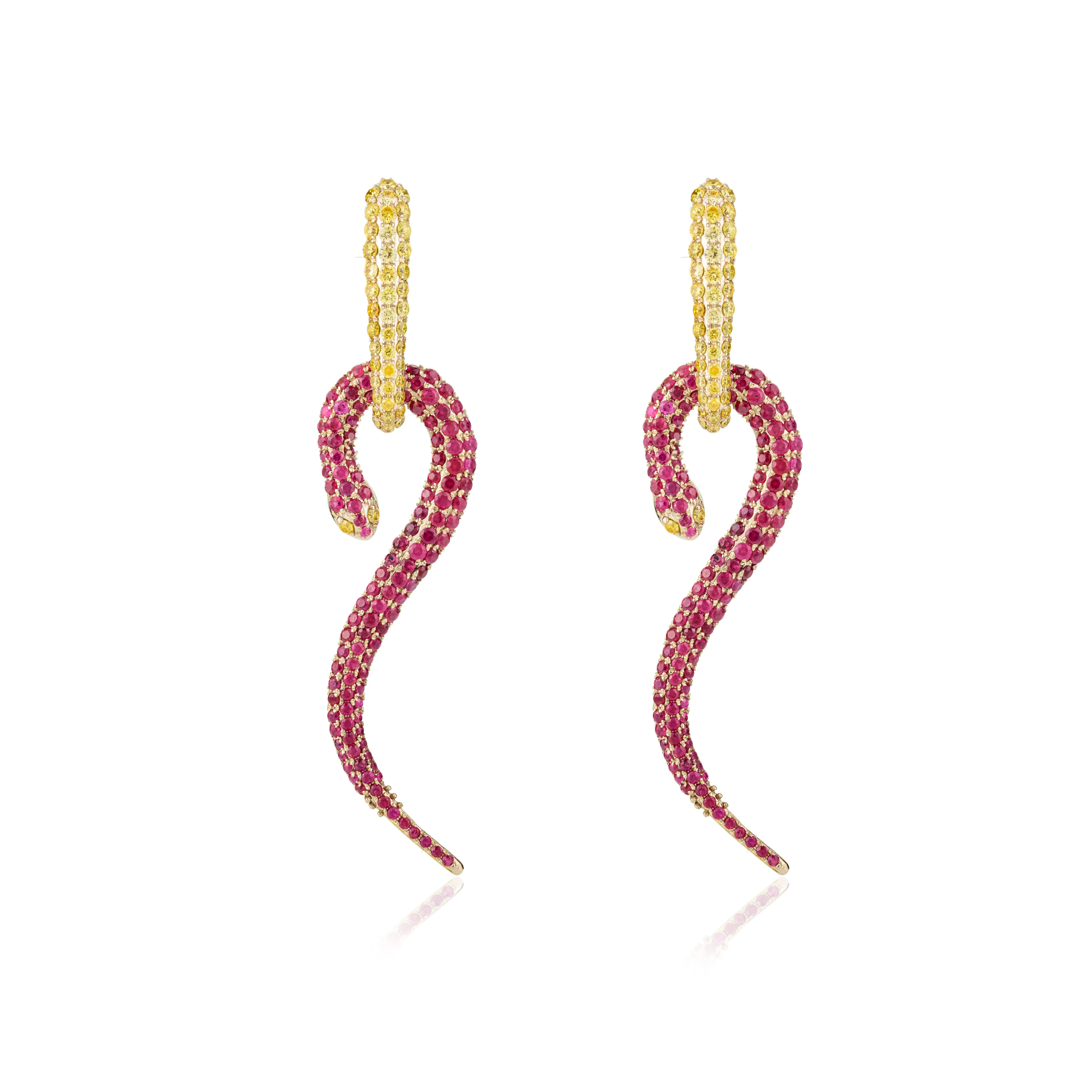 18K Solid Yellow Gold Ruby Diamond Serpentine Earrings