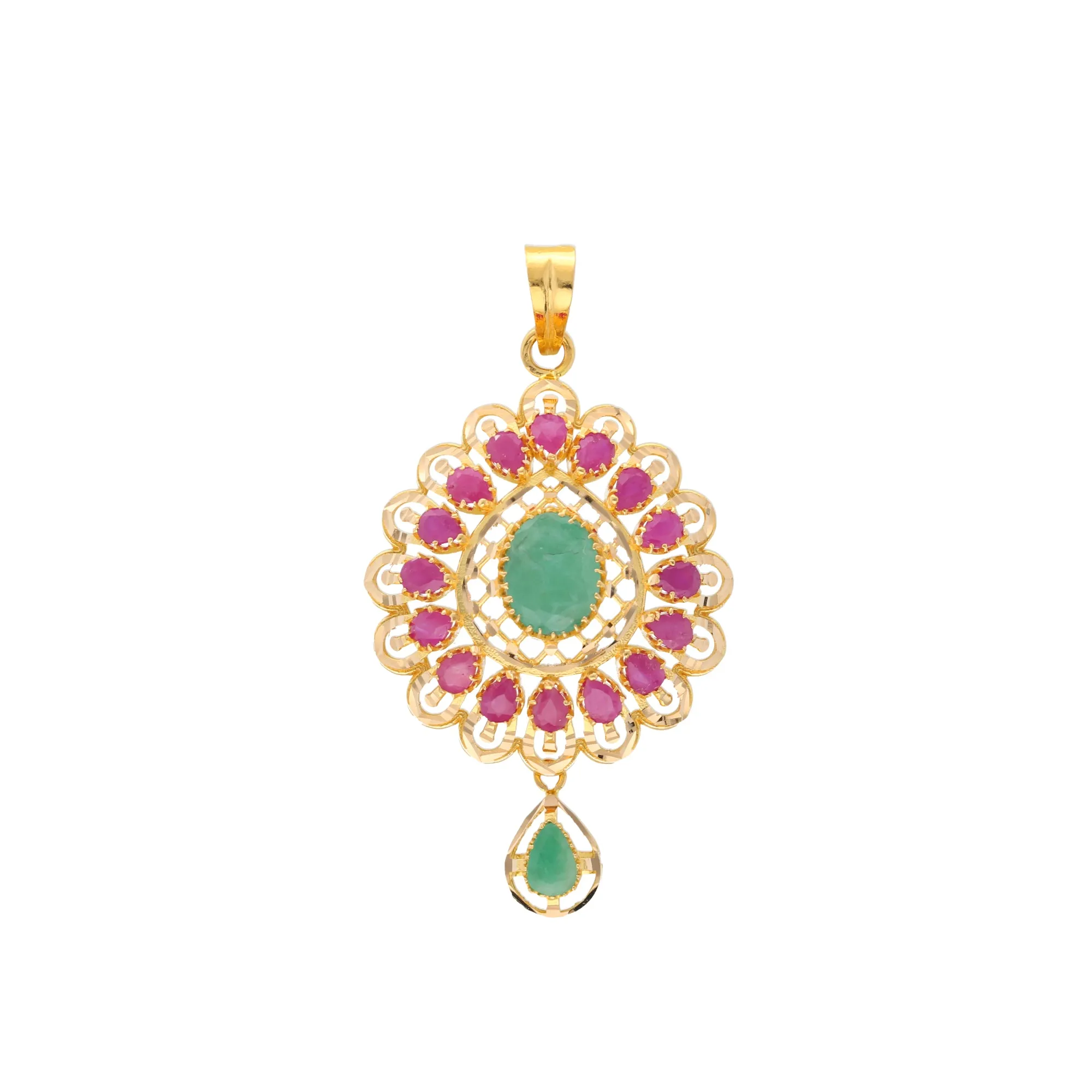 22K Yellow Gold, Emerald & Ruby Pendant Set (16.1gm)