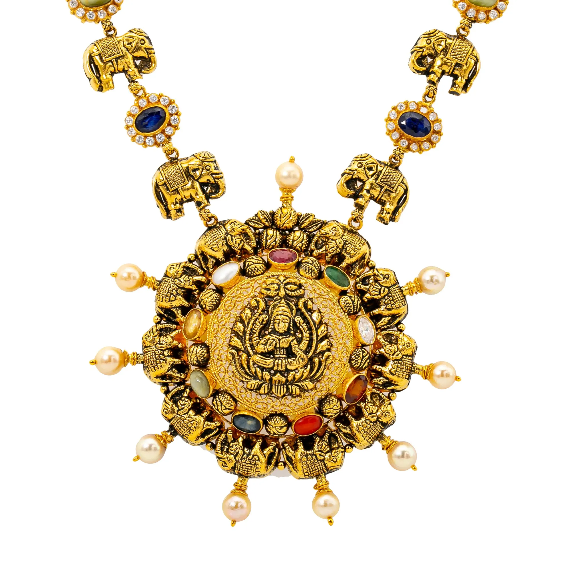 22K Yellow Gold Navratan Laxmi Necklace (86.6 grams)