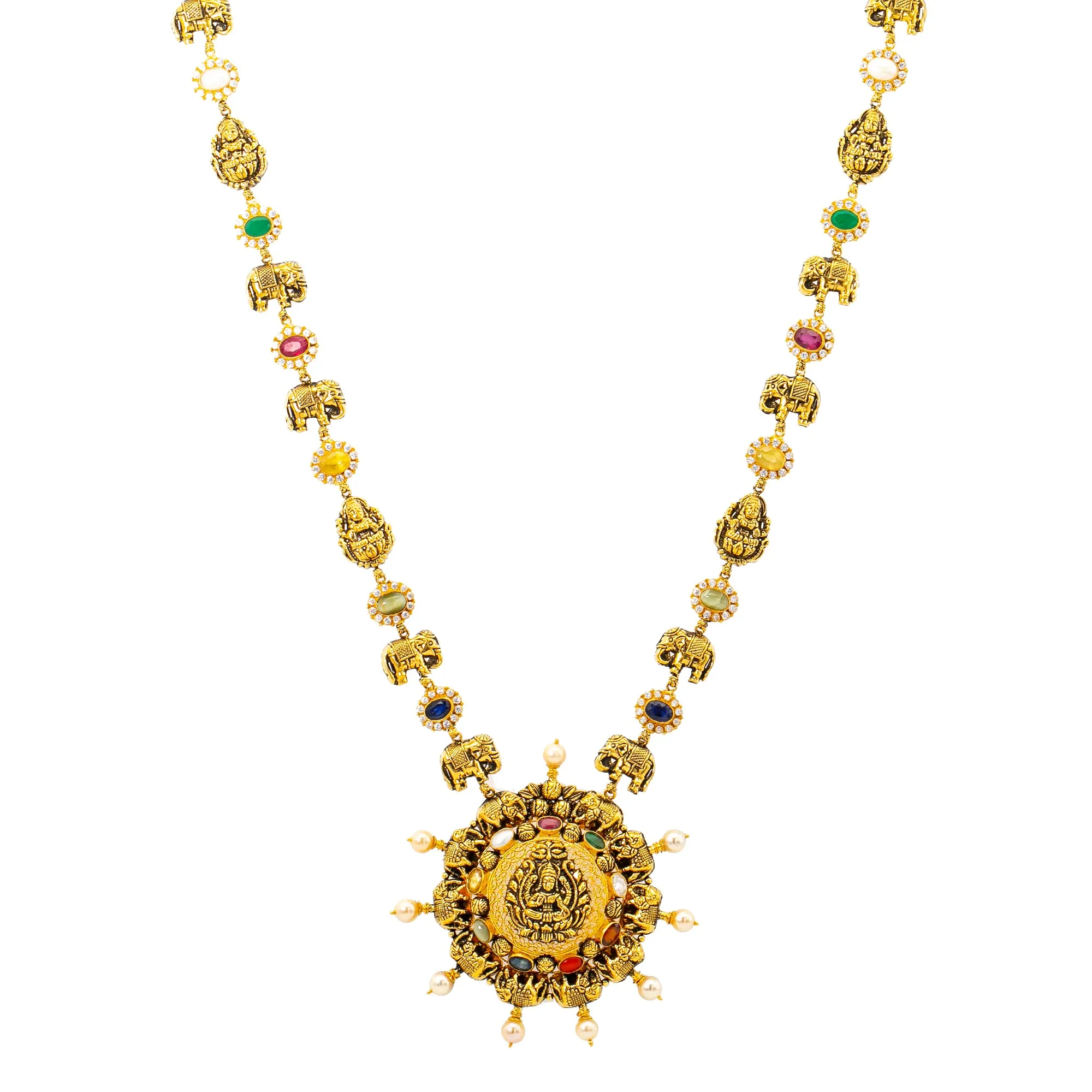 22K Yellow Gold Navratan Laxmi Necklace (86.6 grams)