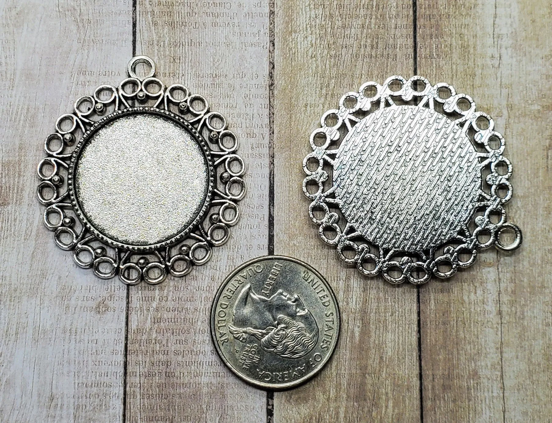 25mm Ornate Antique Silver Pendant Setting Bezels (2) - L1100