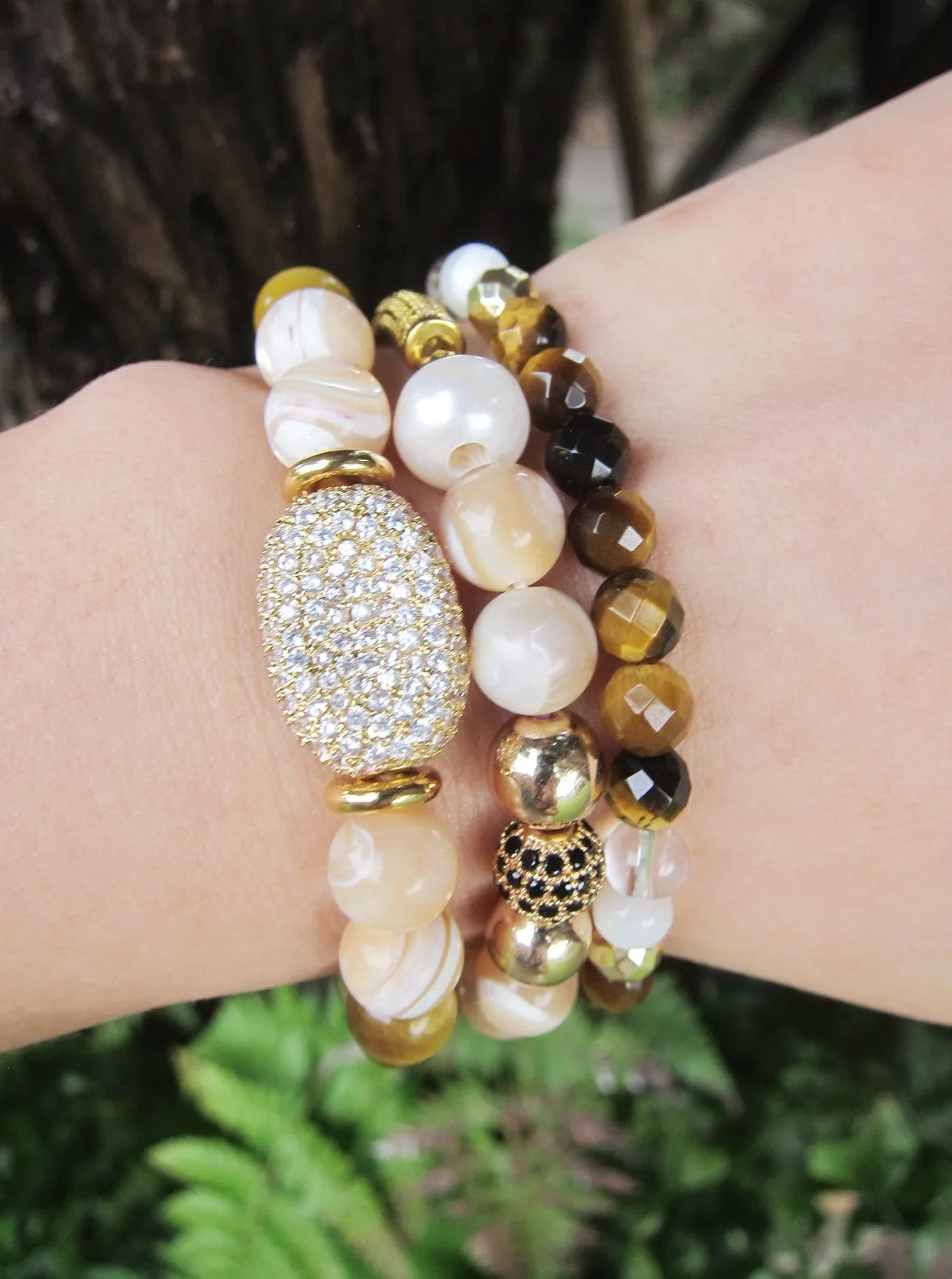 3 piece set - Mother of Pearl, Cat's Eye, Tiger Eye Energy Mala Bracelets