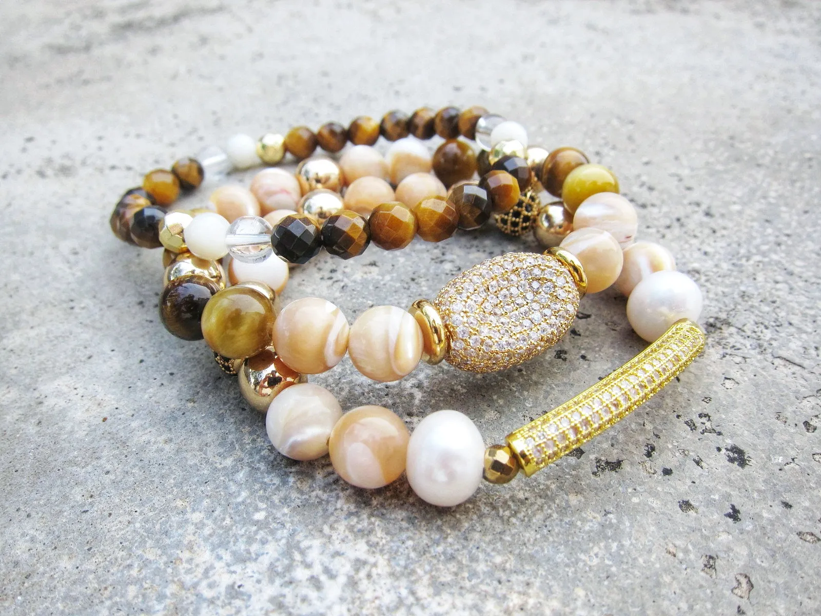 3 piece set - Mother of Pearl, Cat's Eye, Tiger Eye Energy Mala Bracelets