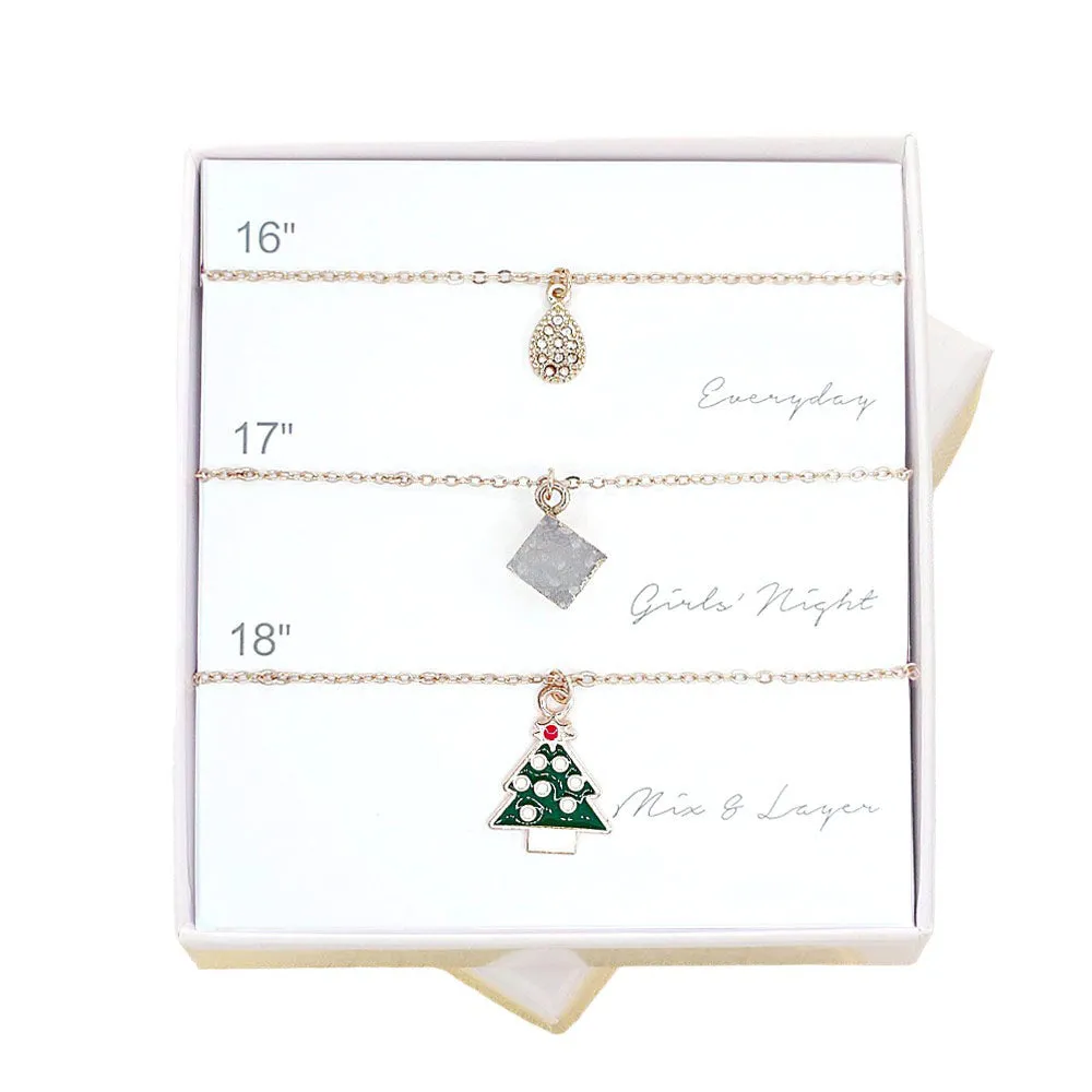 3PCS Teardrop Stone Christmas Tree Pendant Necklaces