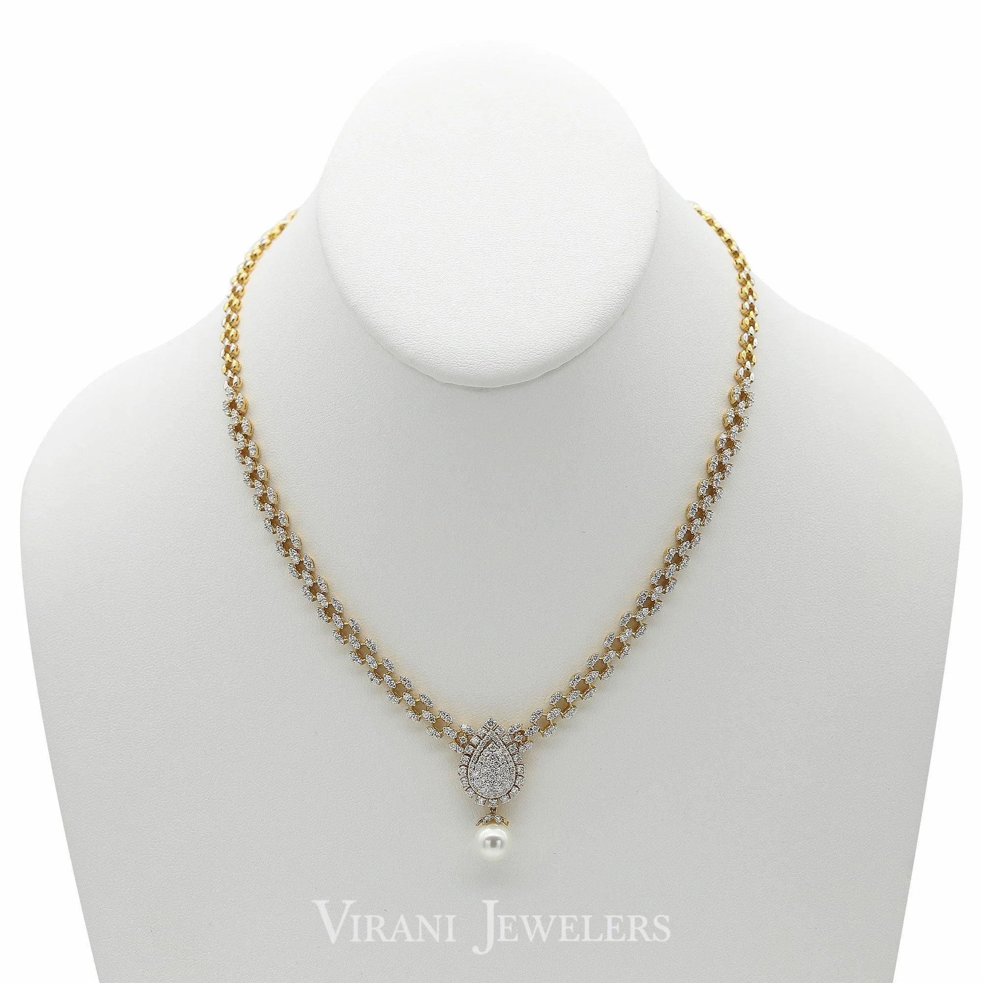 4.95CT Diamond Necklace & Earrings Set in 18K Gold W/ Pear Frame Pendant & Single Drop Pearl