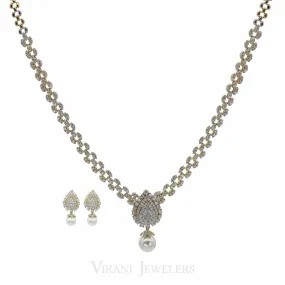 4.95CT Diamond Necklace & Earrings Set in 18K Gold W/ Pear Frame Pendant & Single Drop Pearl