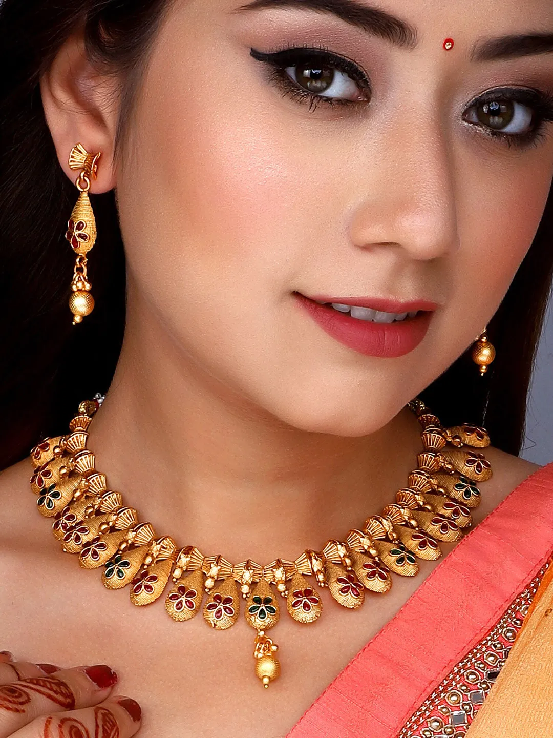 Aadita Gold Plated Temple Choker Ruby Jewellery Set