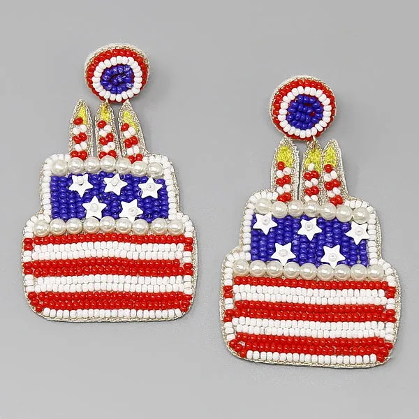 American Flag Pattern Cake Seed Beaded Earrings