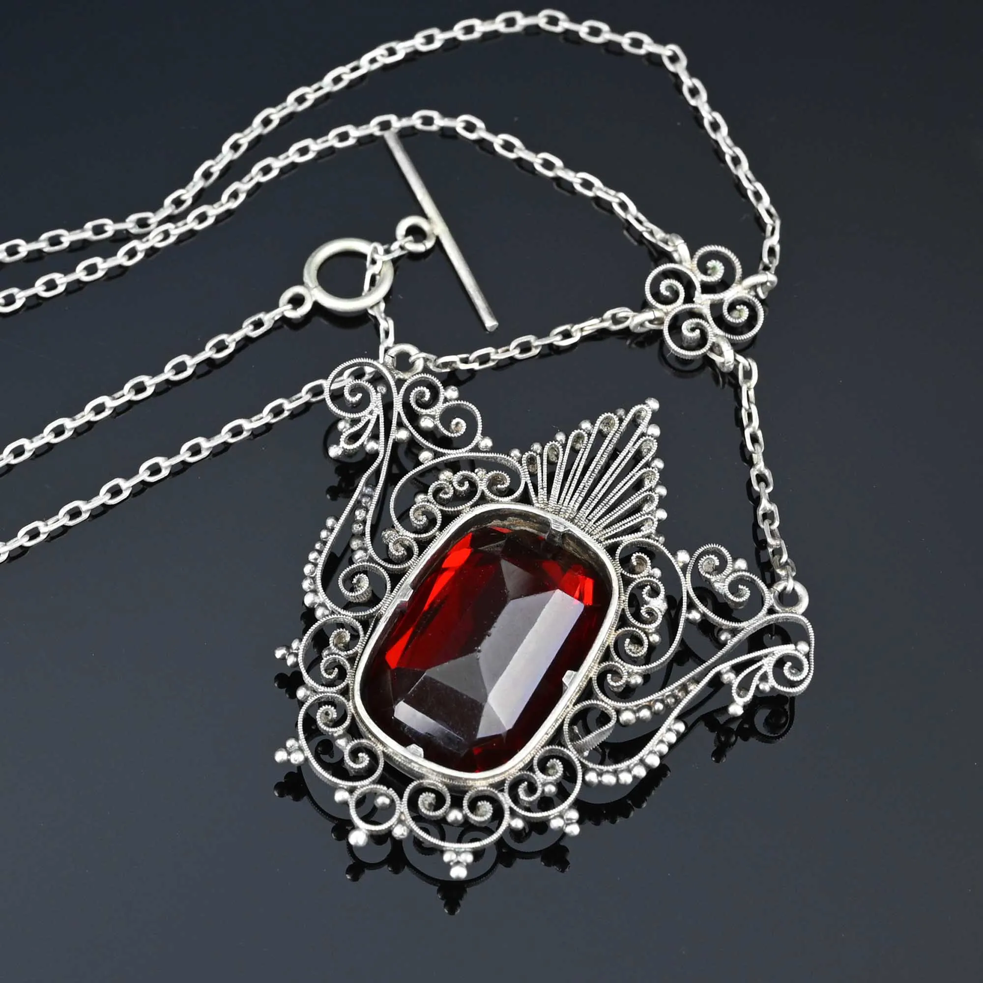 Antique Ruby Crystal Silver Filigree Necklace