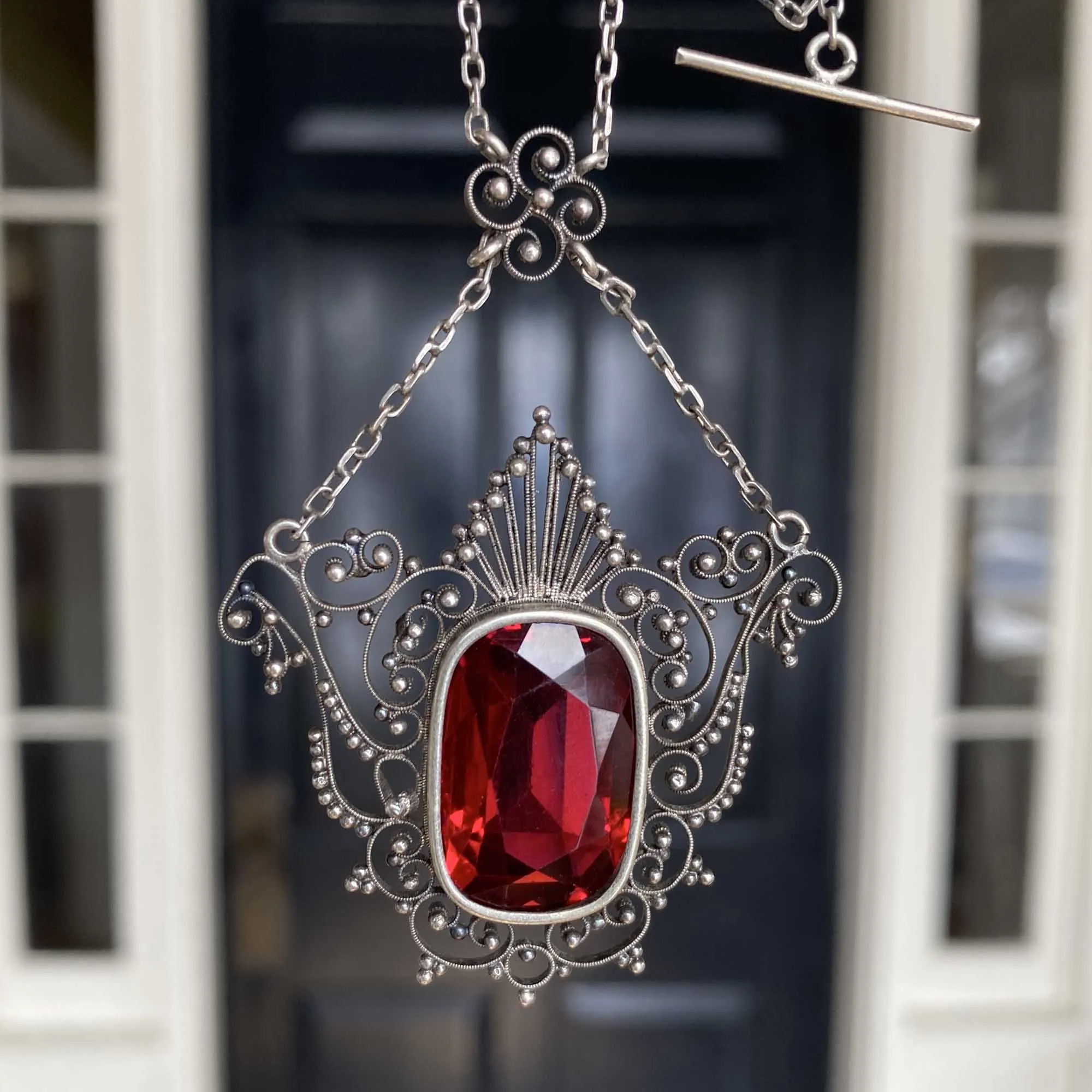 Antique Ruby Crystal Silver Filigree Necklace