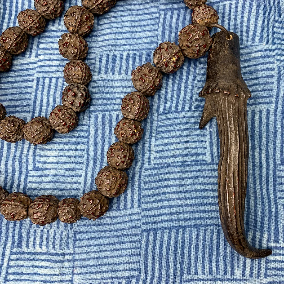 Antique Rudraksha Necklace with Deer Antler Talisman Necklace