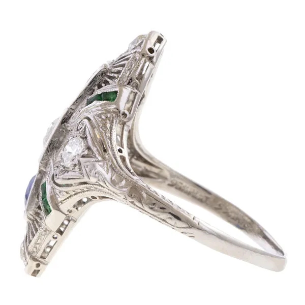 Art Deco Diamond, Sapphire & Emerald Dinner Ring