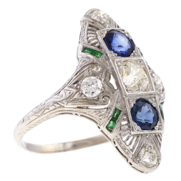 Art Deco Diamond, Sapphire & Emerald Dinner Ring