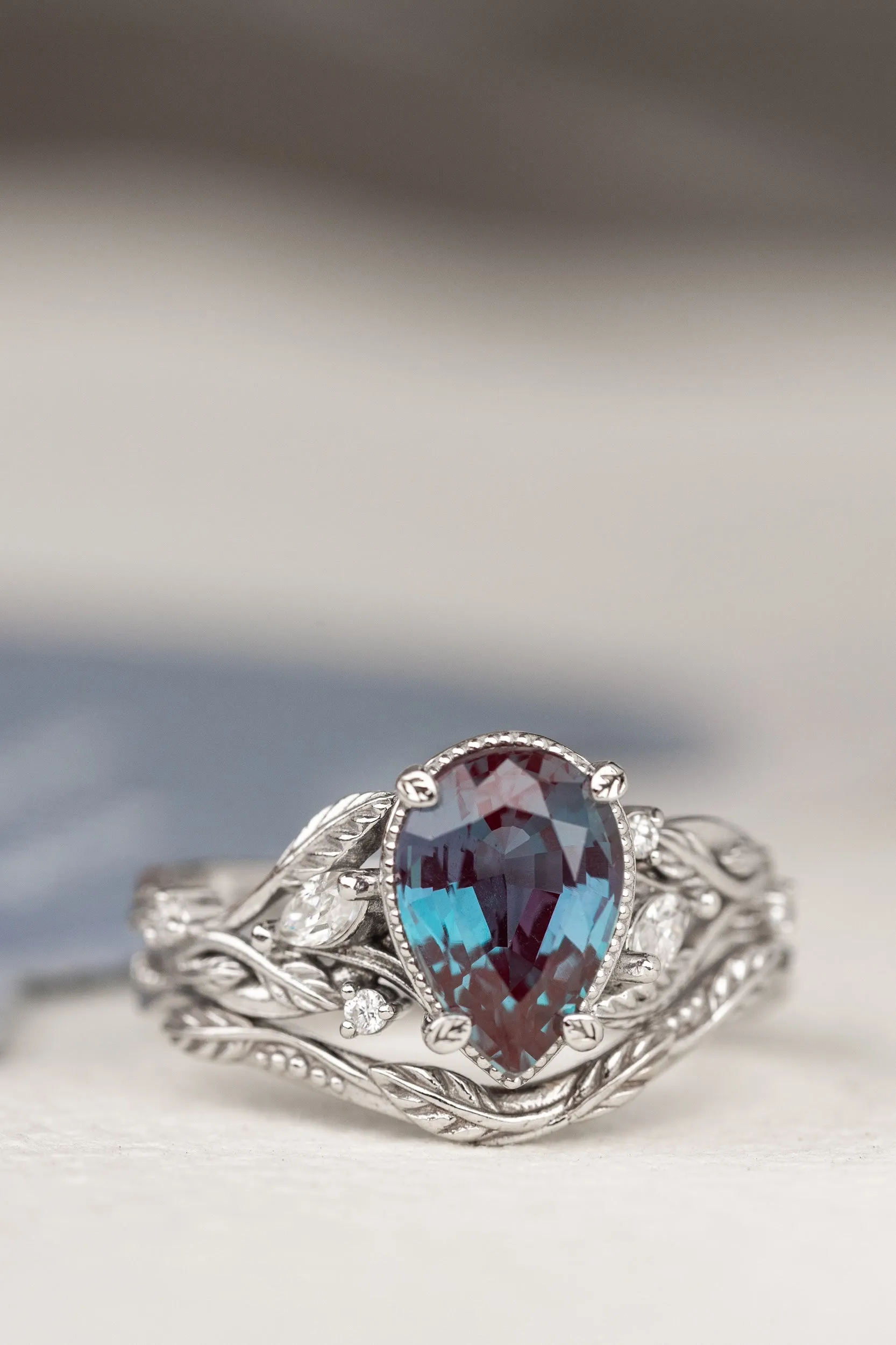 Big alexandrite twig engagement ring set, white gold leaf bridal ring set with marquise cut diamonds  / Patricia