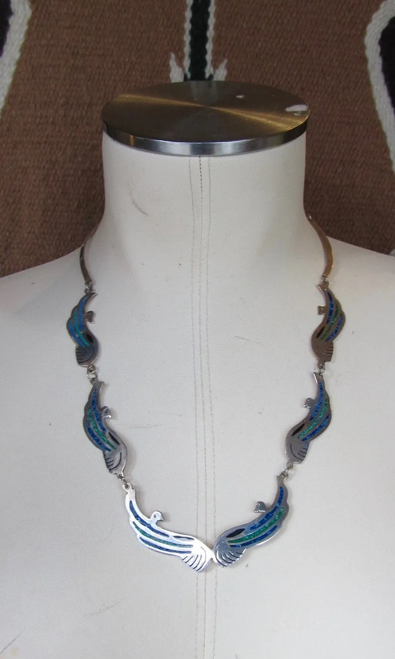 BIRDS OF A FEATHER 1970s Mexican Alpaca Silver, Blue Lapis, & Green Turquoise Inlay Necklace