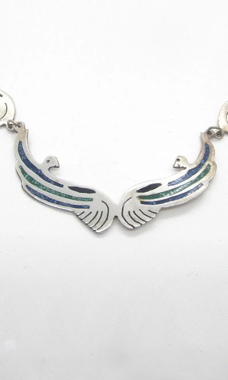 BIRDS OF A FEATHER 1970s Mexican Alpaca Silver, Blue Lapis, & Green Turquoise Inlay Necklace