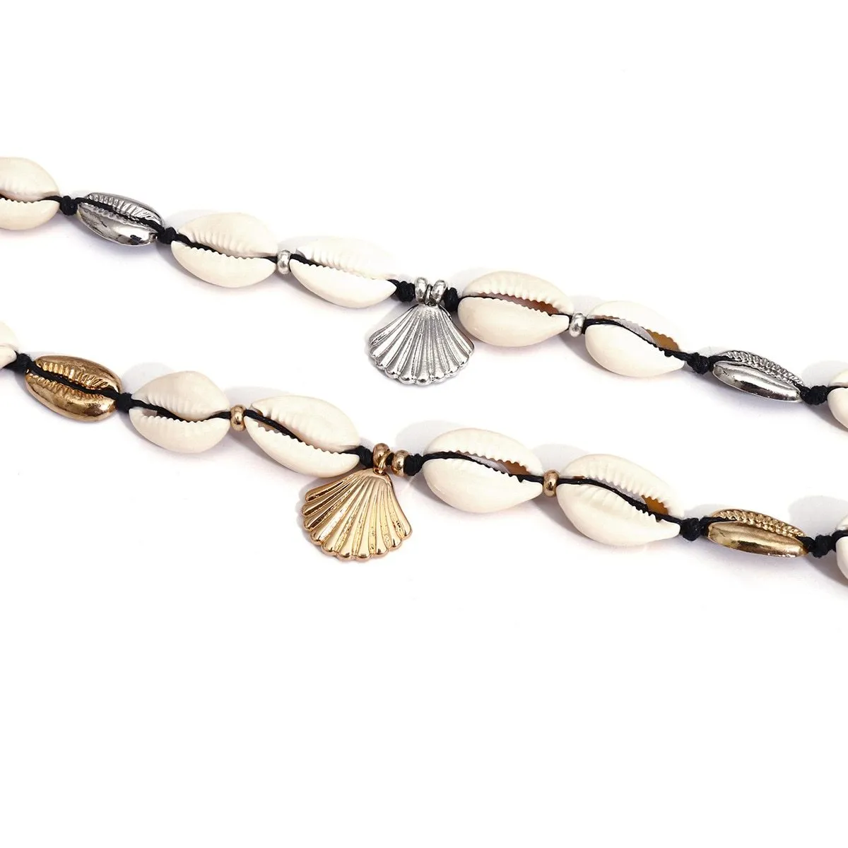 Black Rope Puka Shell Choker Necklace with Metallic Accent