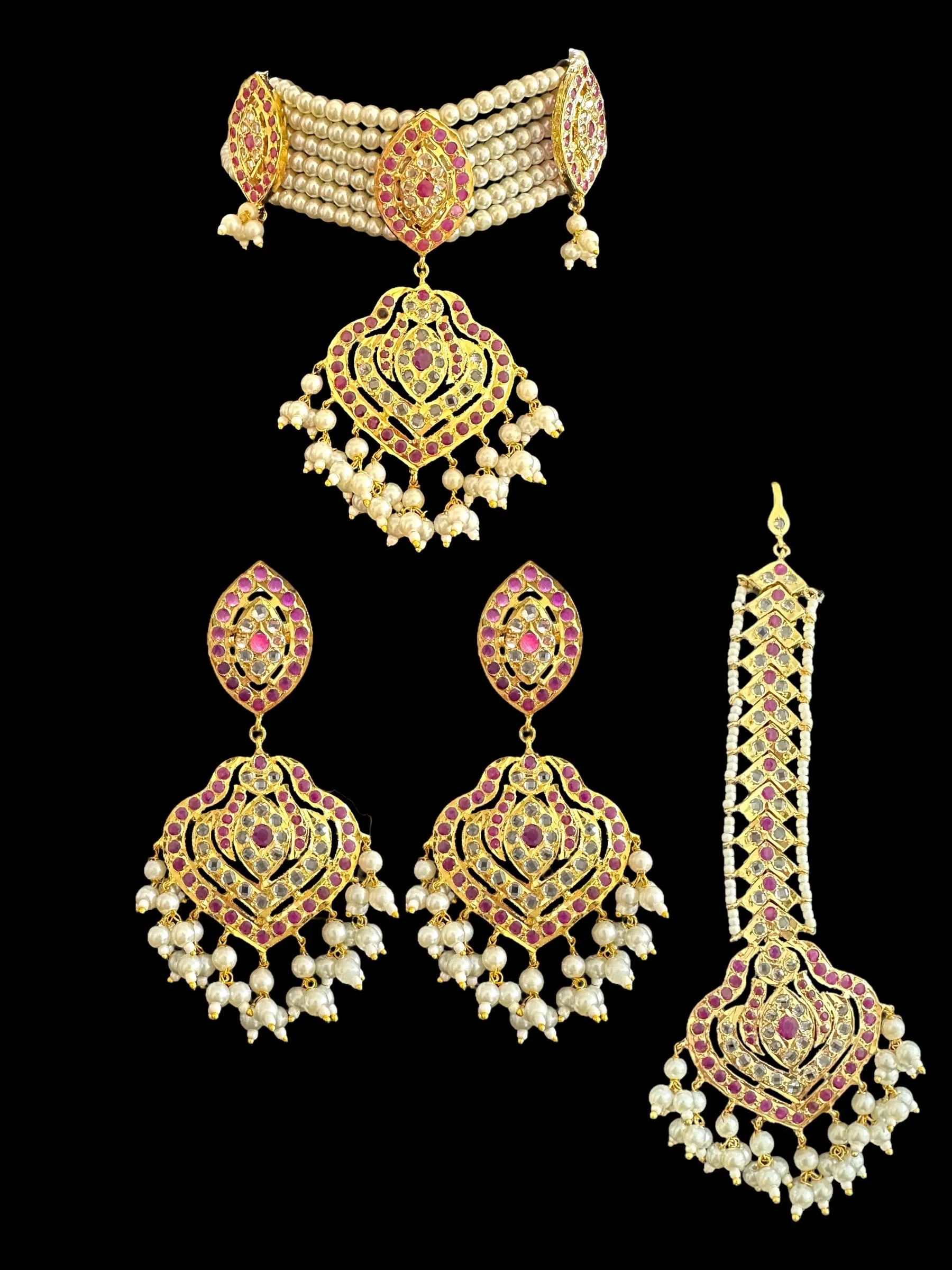 BR307 Gold plated bridal set with earrings tika in ruby ( READY TO SHIP)