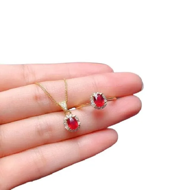 Bridal Ruby Necklace and Resizable Ring Jewelry Set