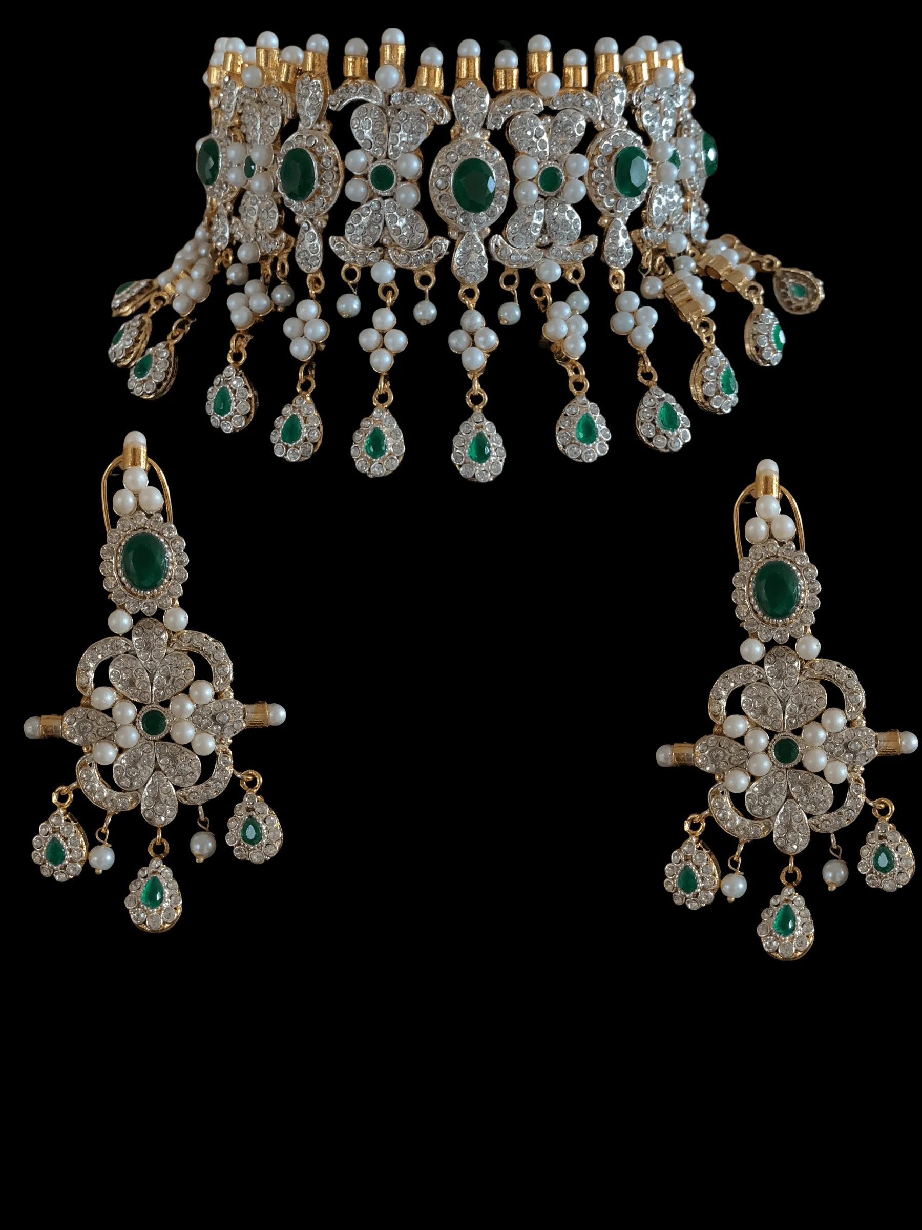 C122 Nilofar choker set in zircon and cz emerald ( SHIPS IN 4 WEEKS )