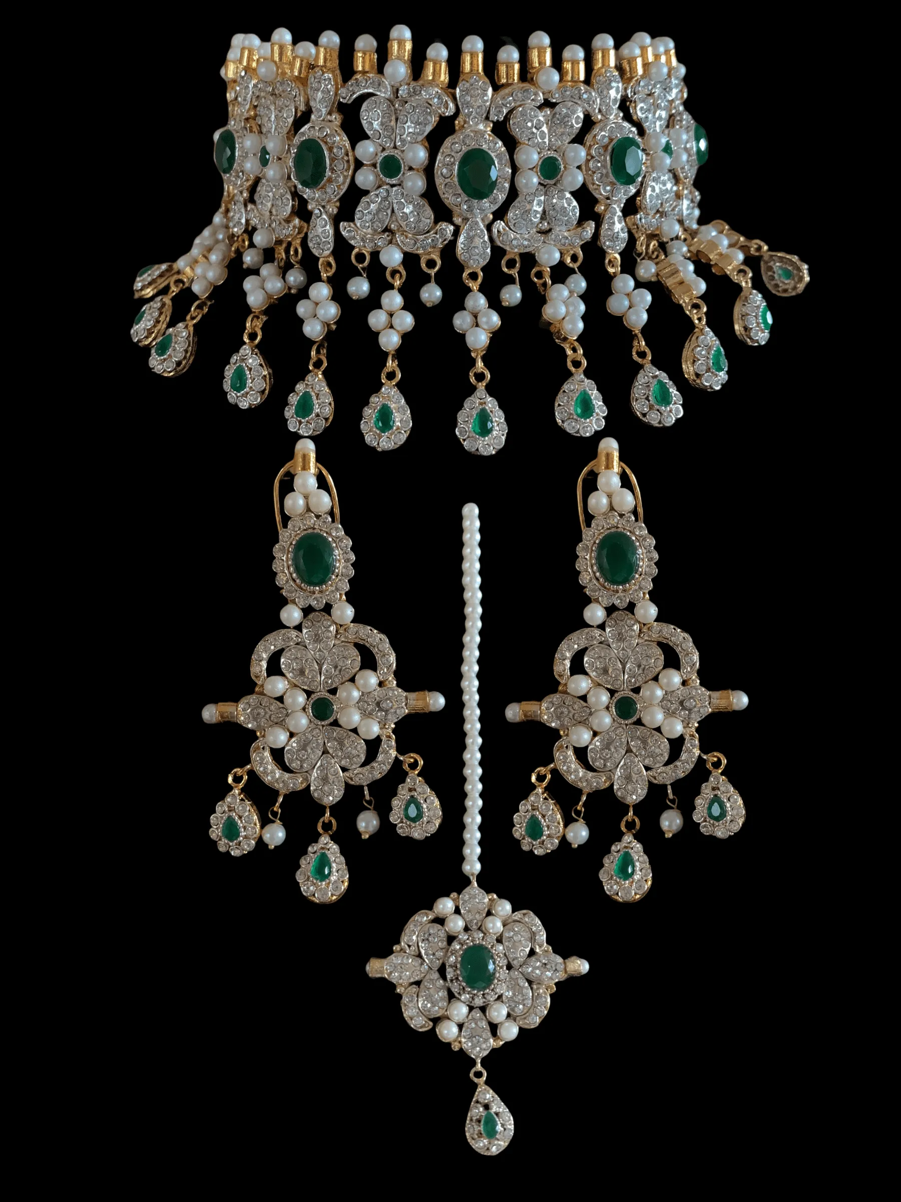 C122 Nilofar choker set in zircon and cz emerald ( SHIPS IN 4 WEEKS )