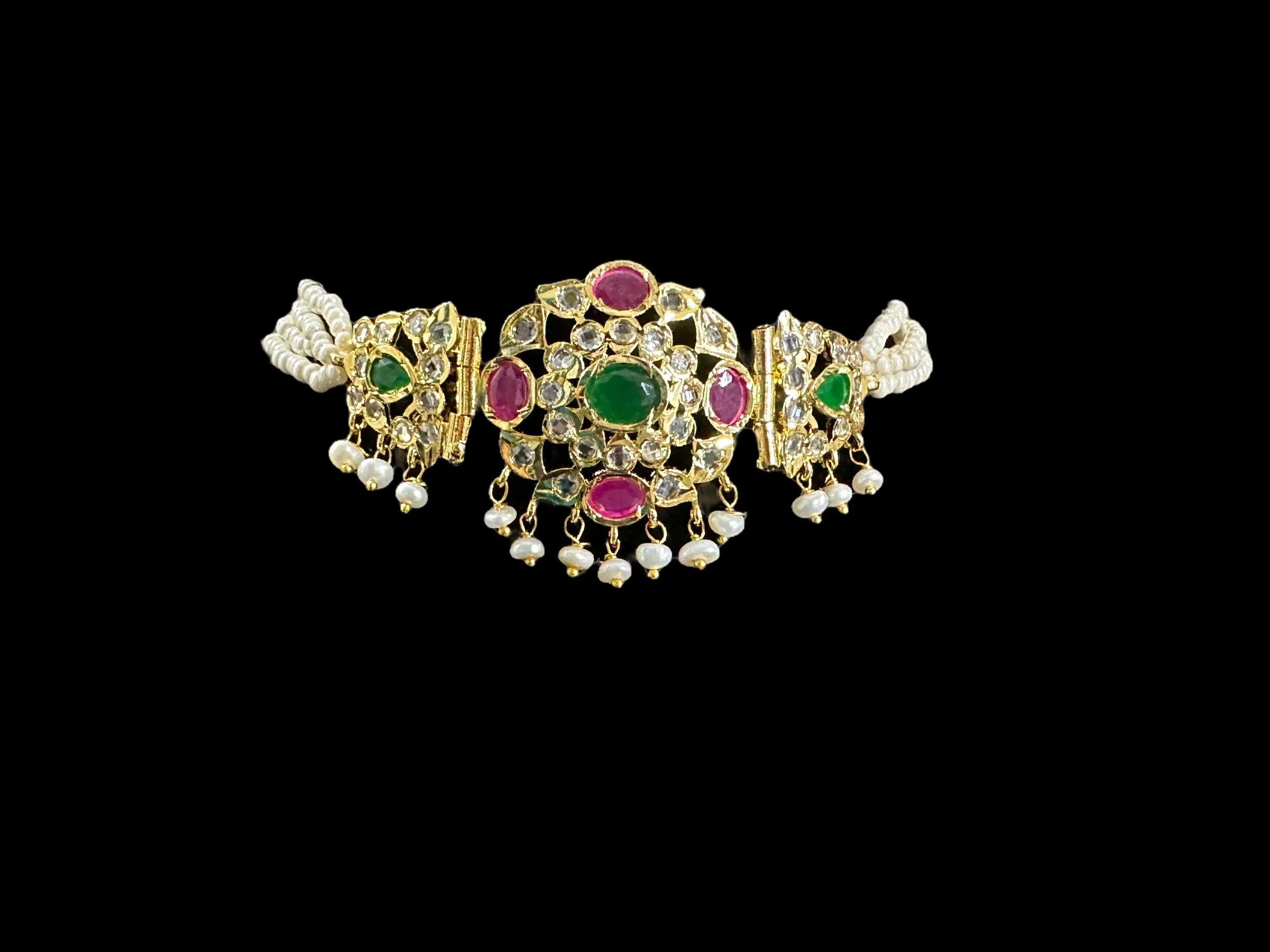 C329 MUSHK hyderabadi choker with earrings -Ruby emerald  READY TO SHIP  )