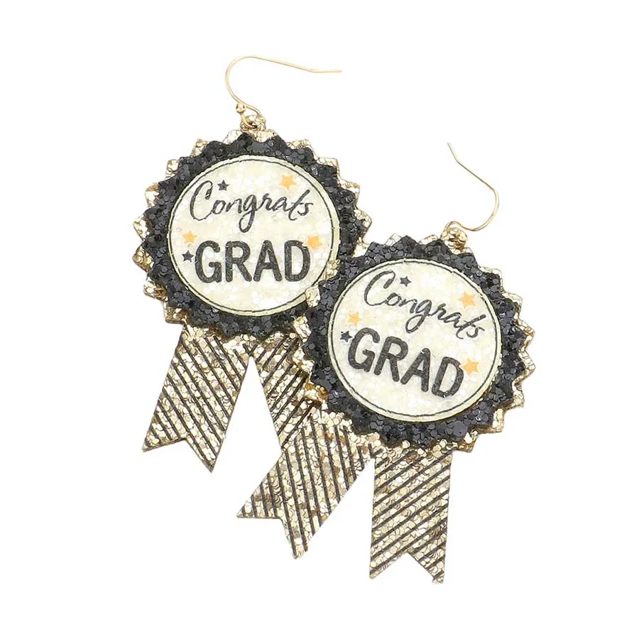 Congrats Grad Message Glittered Badge Dangle Earrings