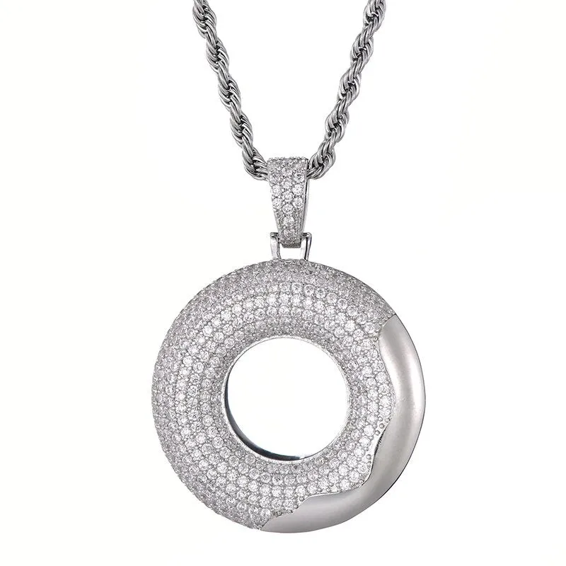 Cubic-Zirconia-Studded Doughnut Bling Hip-hop Pendant Necklace