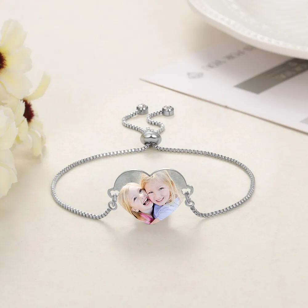 Customized Photo Engrave Name Bracelets for Women Personalized Stainless Steel Heart Adjustable Chain Bracelets Jewelry