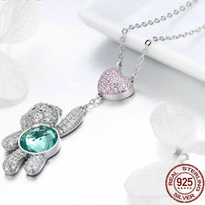 Cute Bear Aquamarine and Pink CZ Heart Pendant Necklace - 100% 925 Sterling Silver