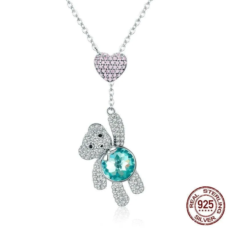 Cute Bear Aquamarine and Pink CZ Heart Pendant Necklace - 100% 925 Sterling Silver