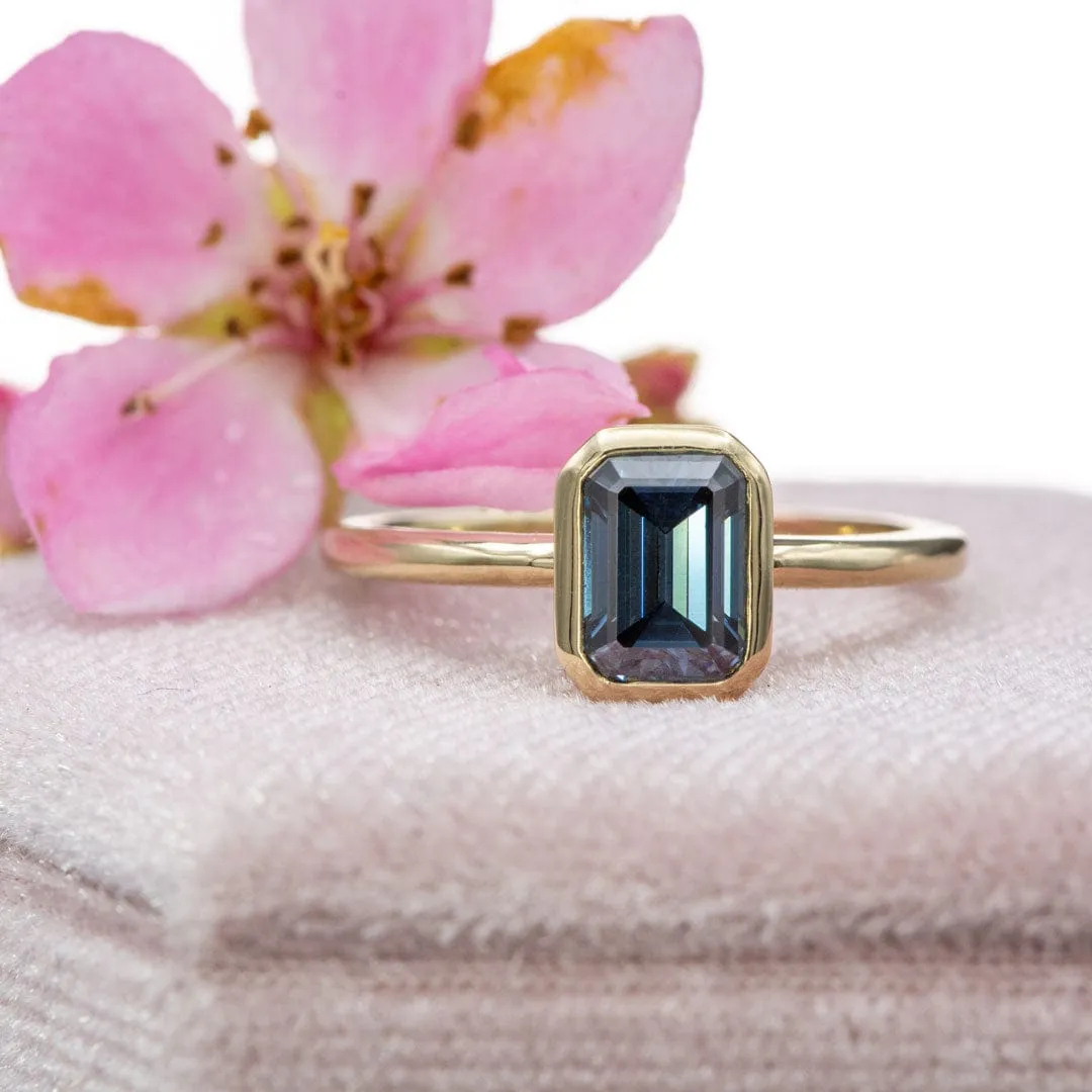 Emma Bezel Set Blue-Gray Emerald Cut Moissanite Solitaire Engagement Ring