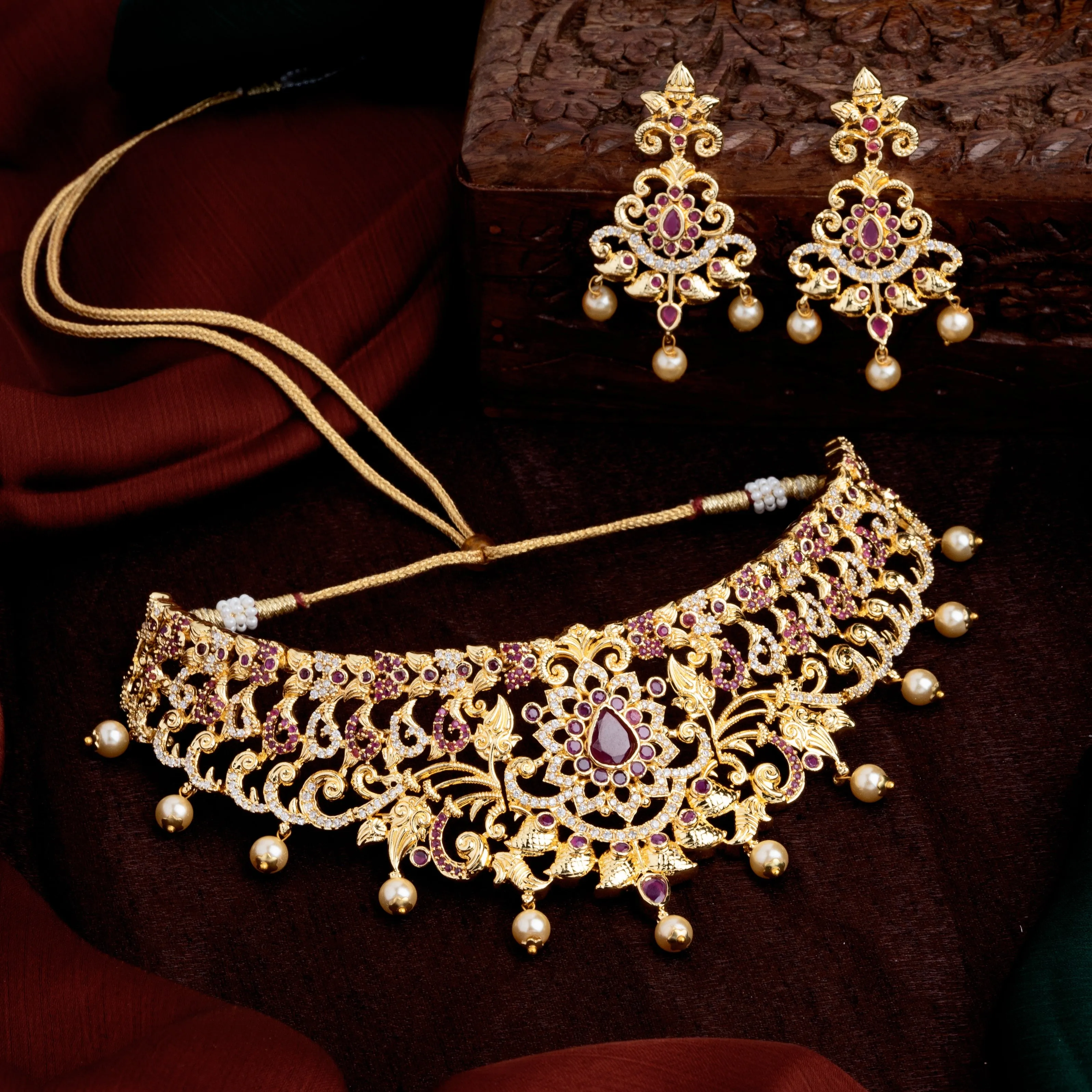 Estele Gold Plated CZ Magnificent Bridal Choker Necklace Set with Colored Stones & Pearls for Women