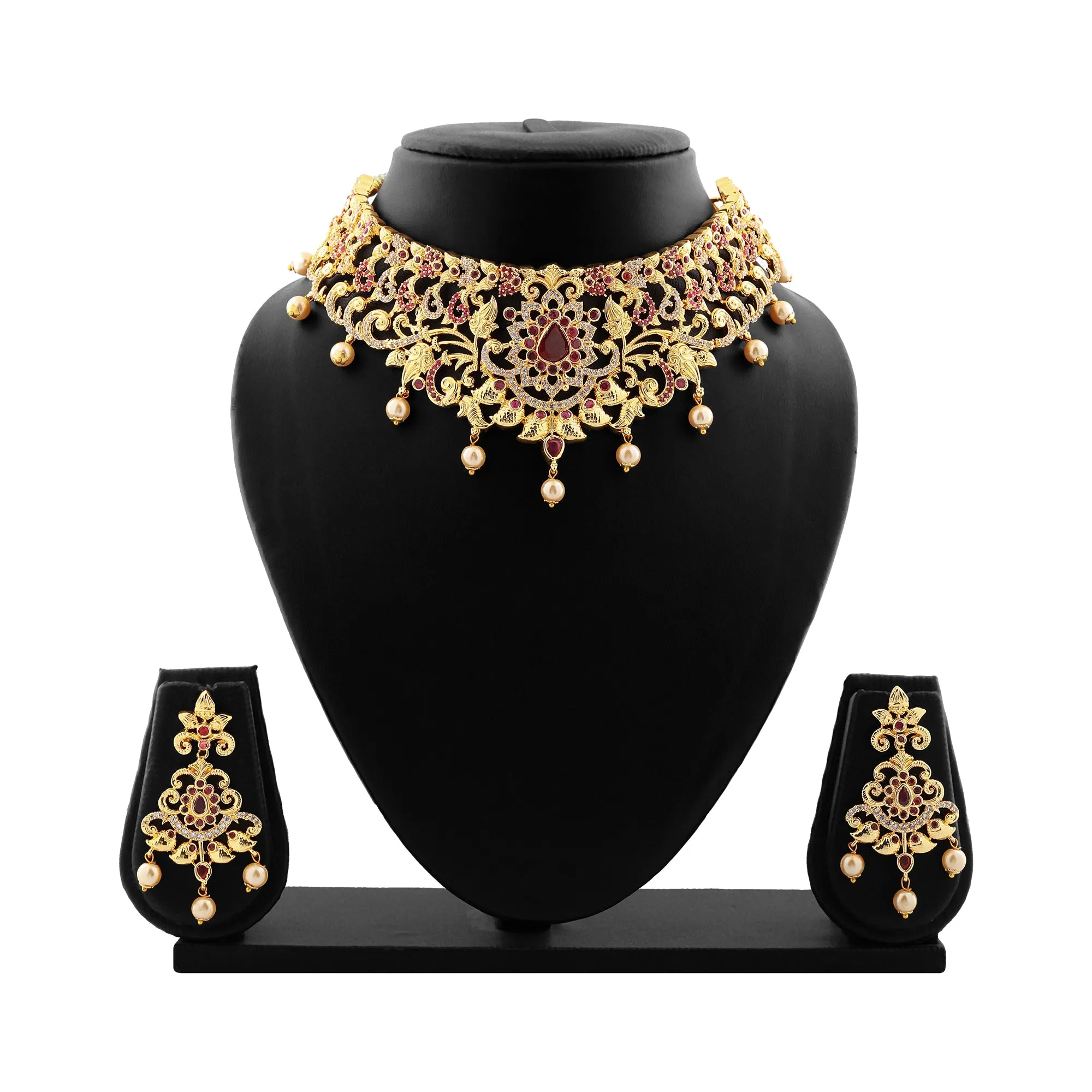 Estele Gold Plated CZ Magnificent Bridal Choker Necklace Set with Colored Stones & Pearls for Women