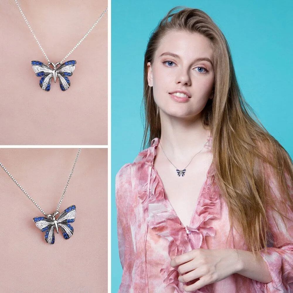 Fine Butterfly Blue Sapphire Pendant - 925 Sterling Silver ( No Chain )