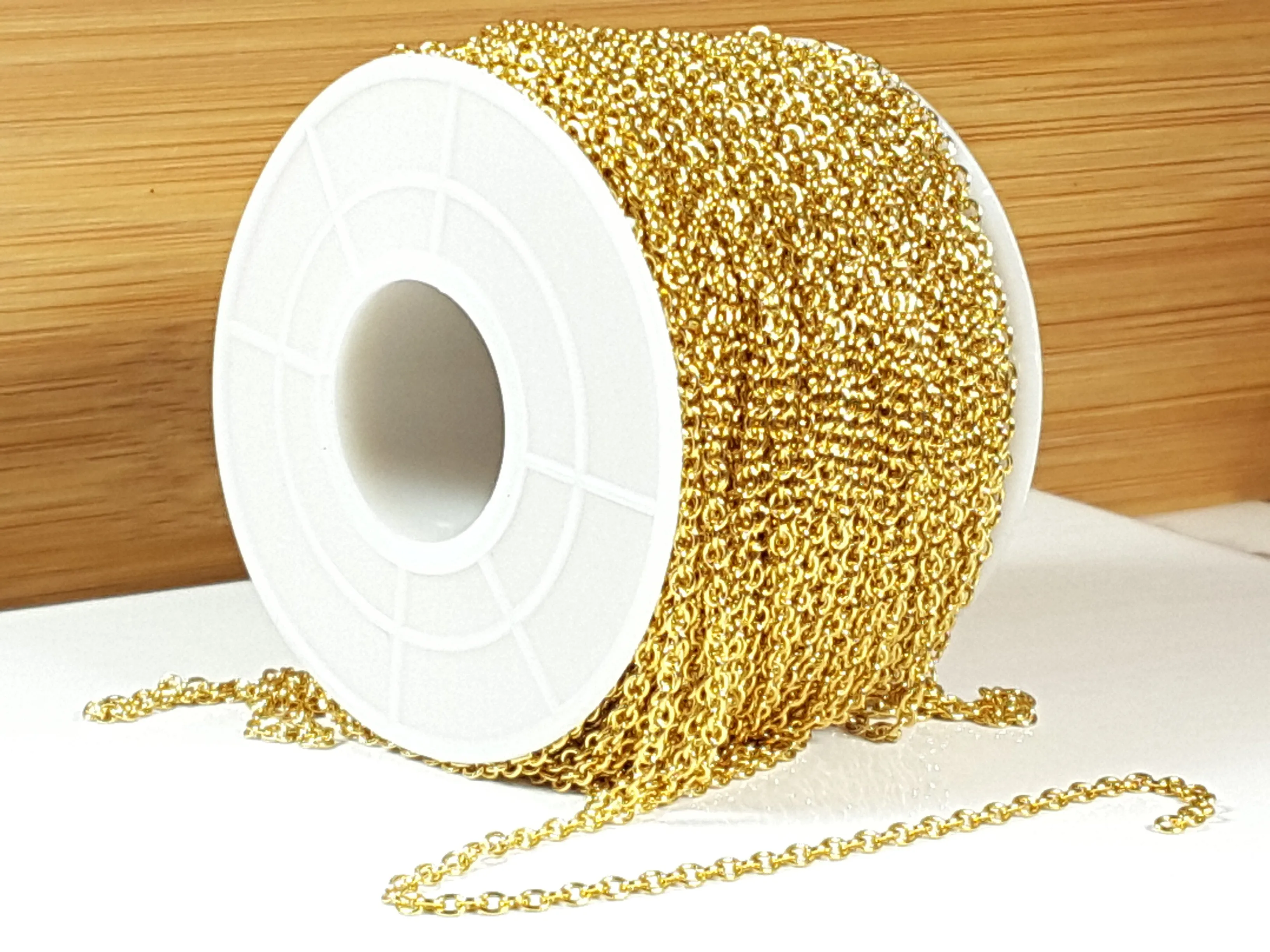 Fine Gold Stainless Chain, 2mm Soldered Closed Links, Lot Size 50 Meters on a Spool, #1913 G