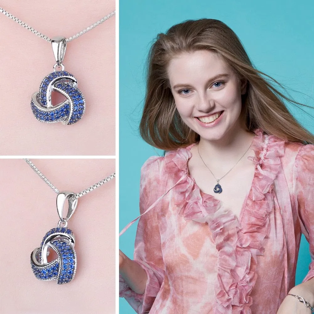 Flower Knot Created Blue Sapphire Pendant - 925 Sterling Silver (No Chain)