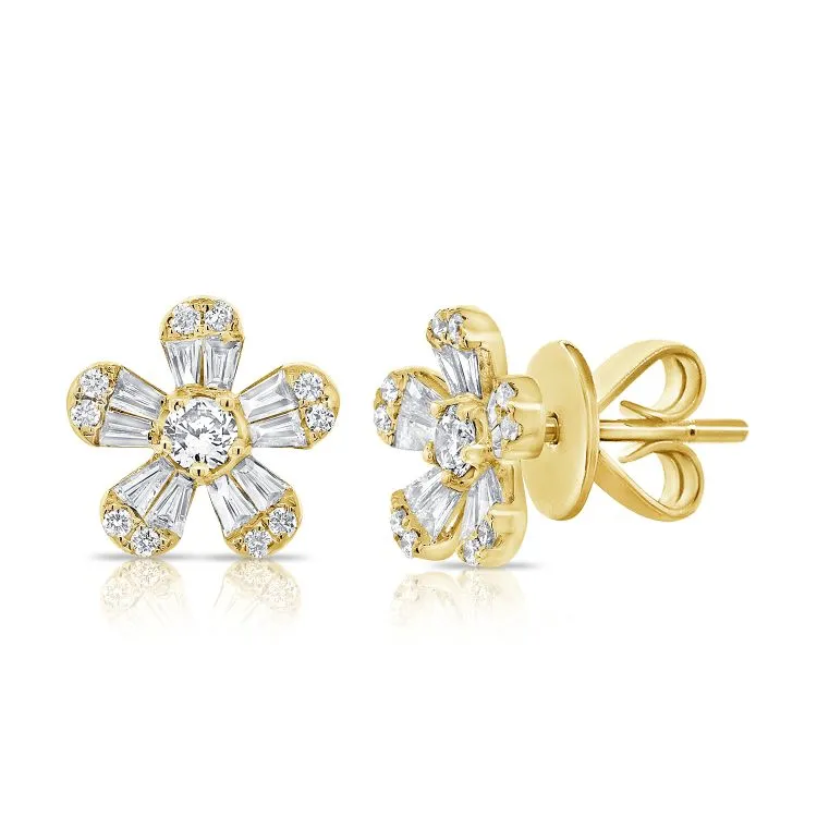 Flower Stud Earrings with Round & Baguette Diamonds in Yellow Gold