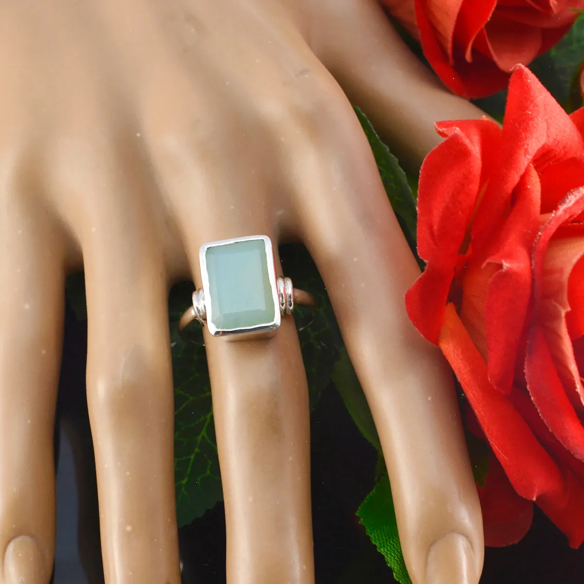 Glamorous Gem Aqua Chalcedony 925 Sterling Silver Ring Grandmother Gift