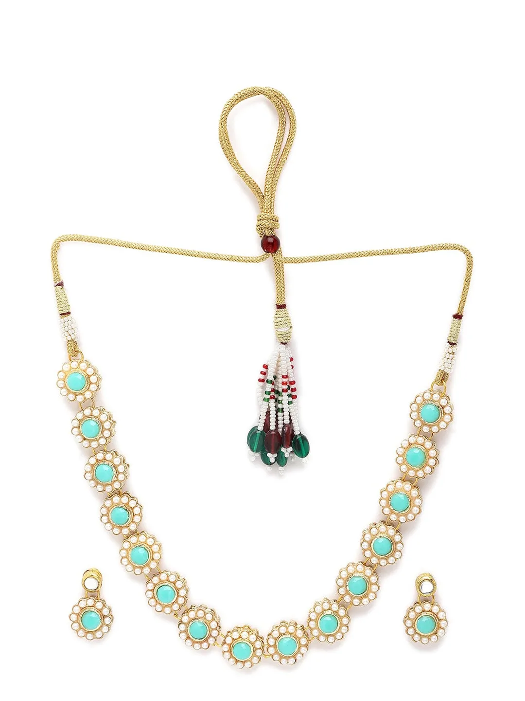 Gold-Plated White Kundan-Studded Beaded Jewellery Set