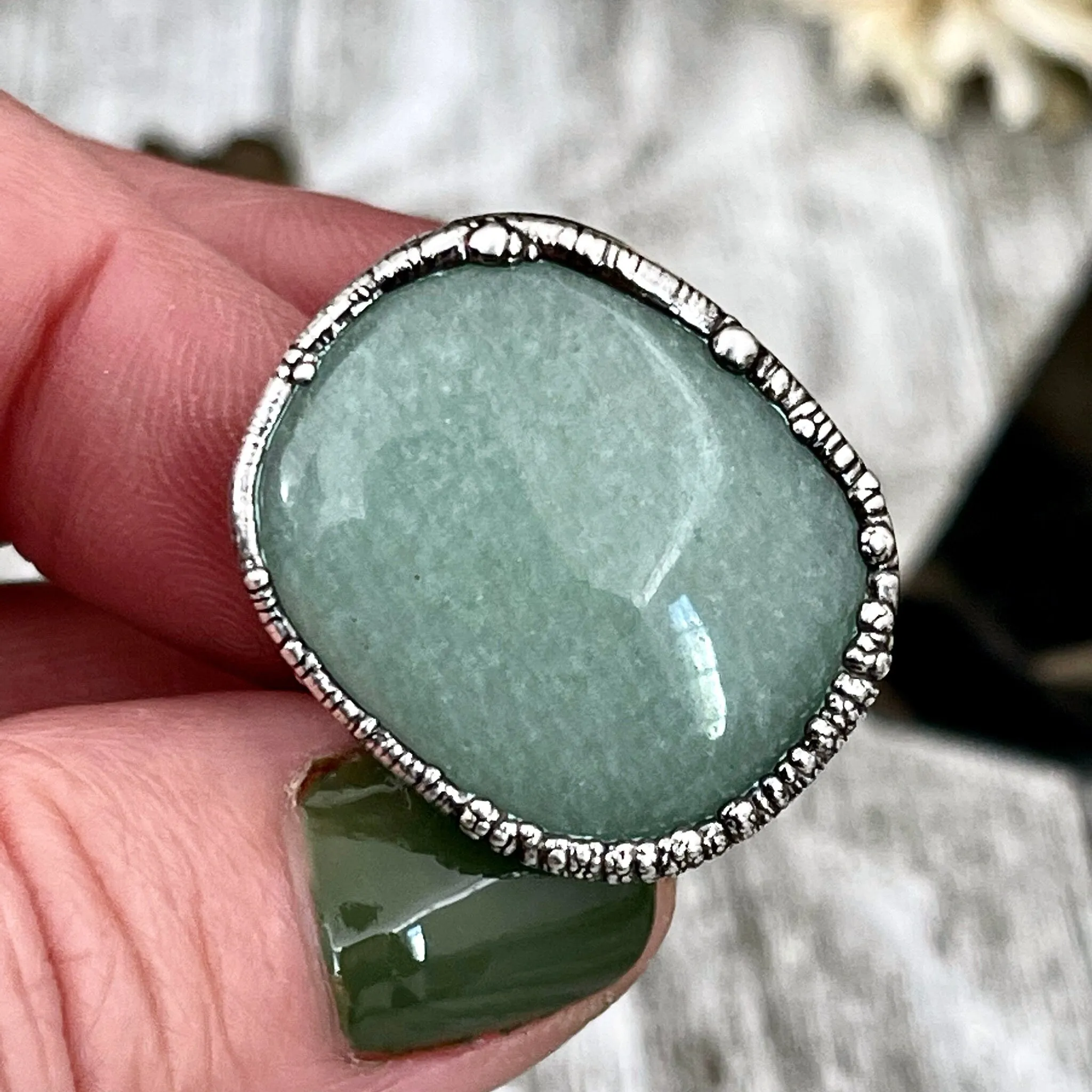 Green Aventurine Ring in Fine Silver Size 6 7 8 9 10/  Large Crystal Ring  - Green Stone Ring - Silver Crystal Ring - Bohemian Jewelry