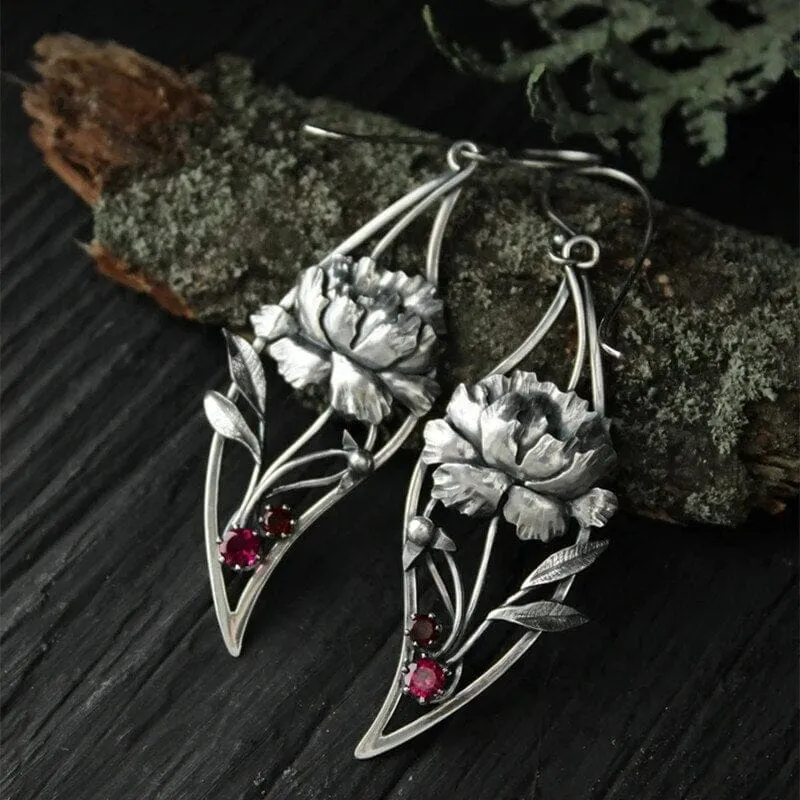 Hand Carved Rose Flower Inlaid Red Stone Earrings